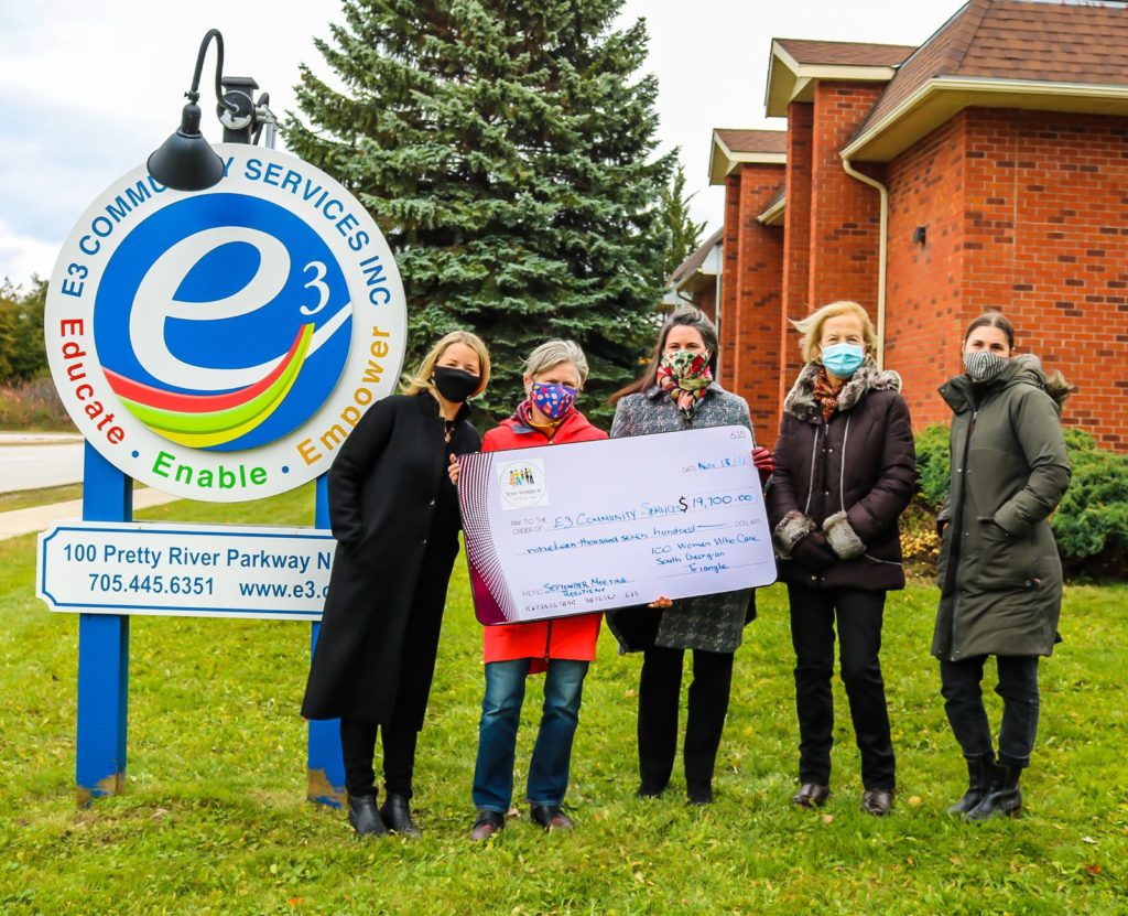 Group of women in masks presenting a $19,700 donation cheque to E3 Community Services outside the E3 office in Collingwood.